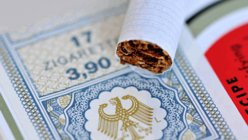 Close-up of a cigarette placed on a euro banknote, highlighting regulatory compliance topics.